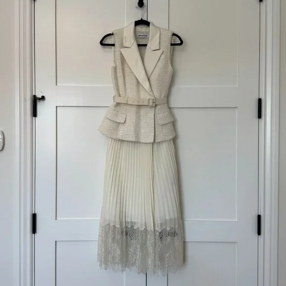 Self-Portrait Lace-Trimmed Bouclé & Chiffon Midi Dress – Size 2 - Picture 7 of 16